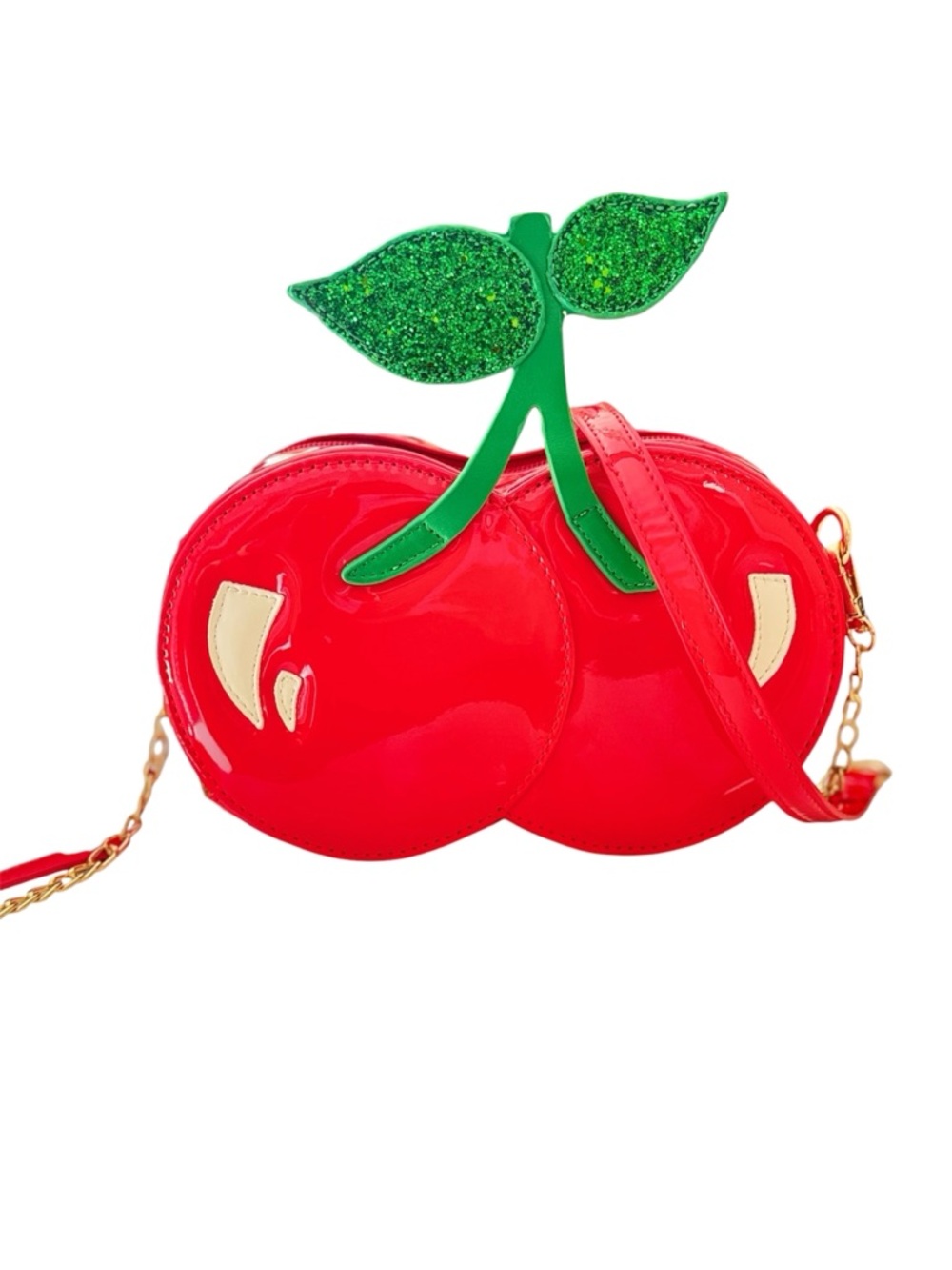 Red Cherry Patent Crossbody Bag with Green Leaf Accent